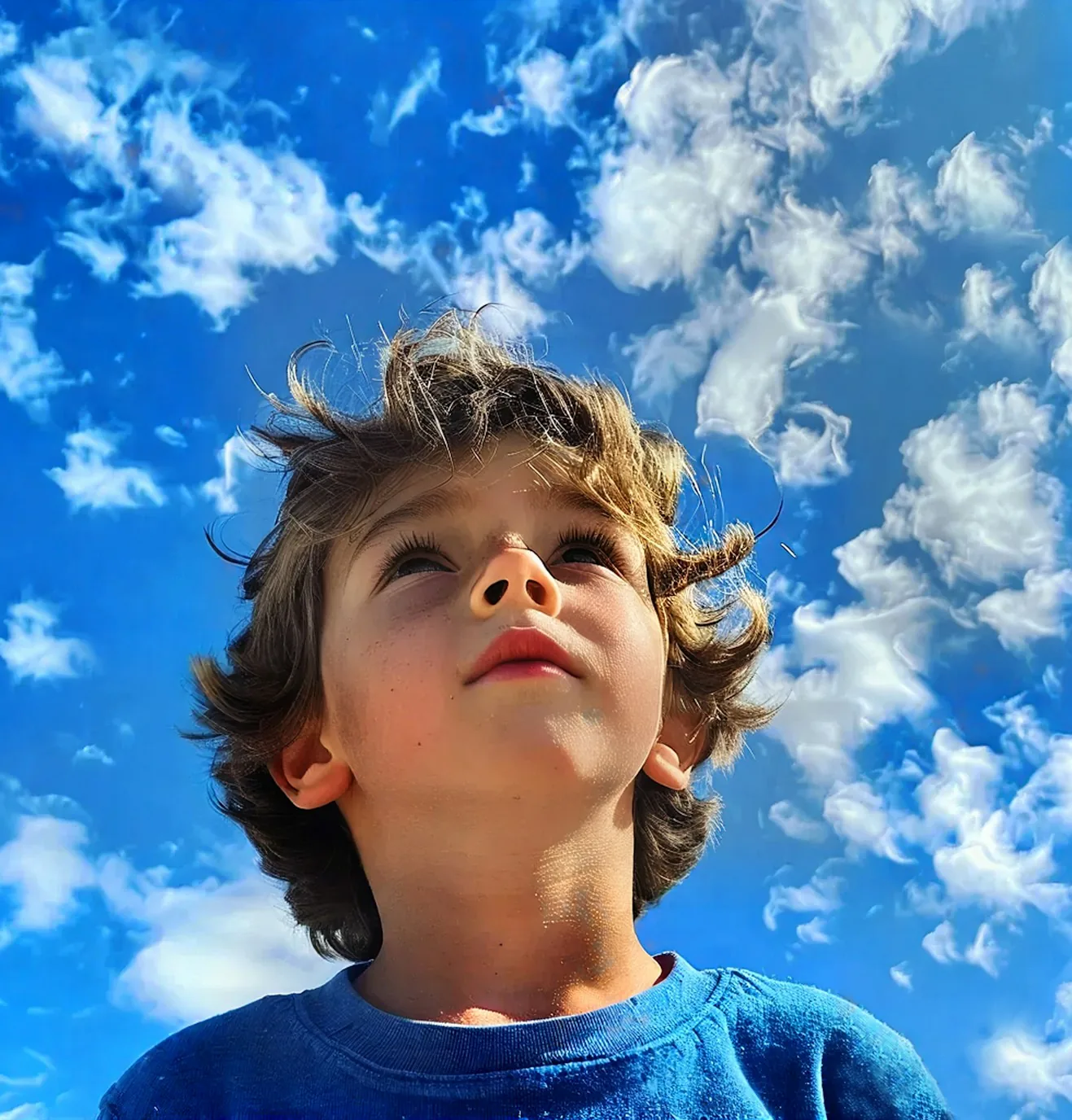 Junge mit lockigem Haar schaut in einem blauen Shirt zum bewölkten Himmel auf